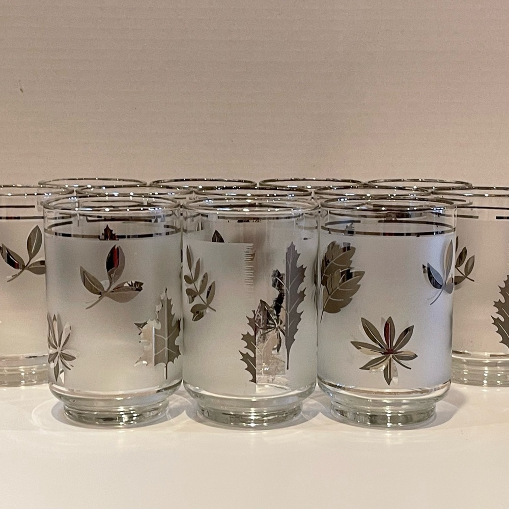 12 Libby Frosted Silver Leaf Glass Tumblers